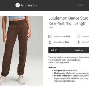 NWOT -Lululemon Dance Studio Pants Size 10